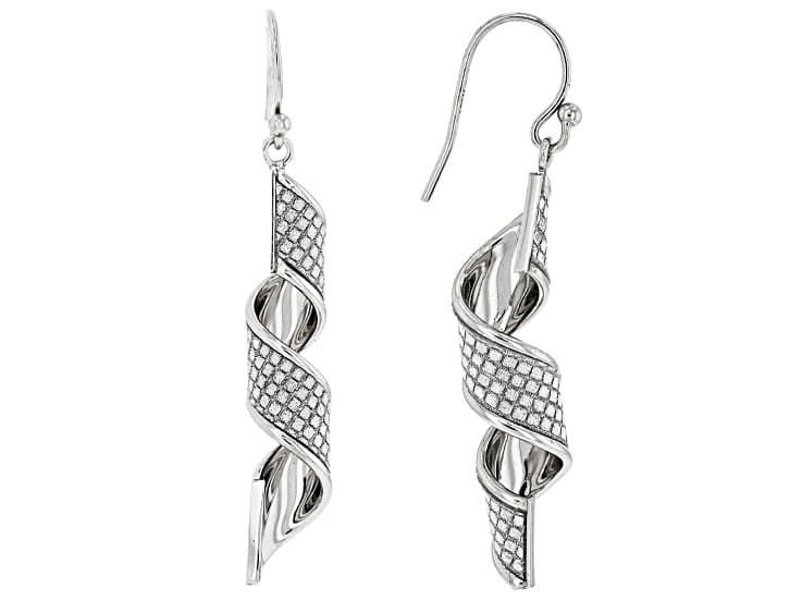 Rhodium Over Sterling Silver Twisted Ribbon Glitter Earrings