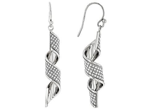 Rhodium Over Sterling Silver Twisted Ribbon Glitter Earrings