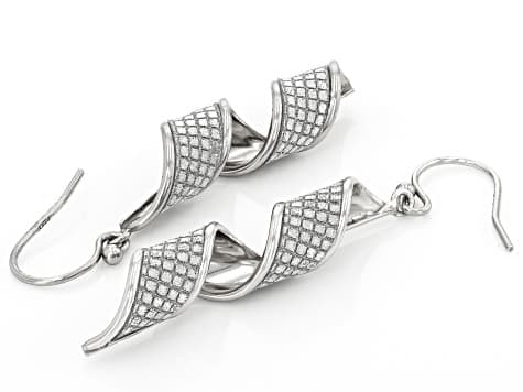 Rhodium Over Sterling Silver Twisted Ribbon Glitter Earrings