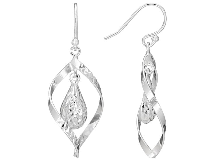 Sterling Silver Over Brass Diamond Cut Teardrop Swirl Dangle Earrings