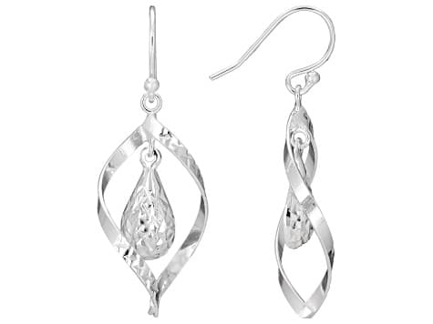 Sterling Silver Over Brass Diamond Cut Teardrop Swirl Dangle Earrings