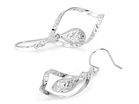 Sterling Silver Over Brass Diamond Cut Teardrop Swirl Dangle Earrings