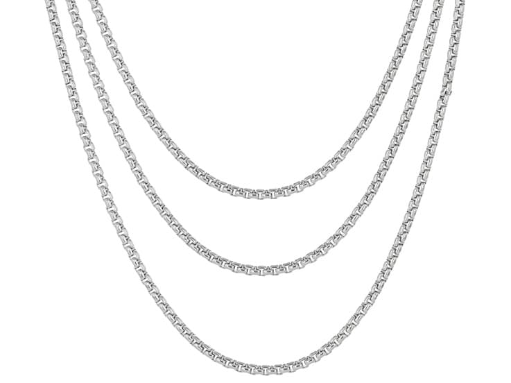 Rhodium Plated 2mm Polished Round Box 18", 20", And 22" Chain Set