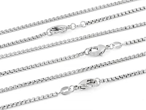 Rhodium Plated 2mm Polished Round Box 18", 20", And 22" Chain Set