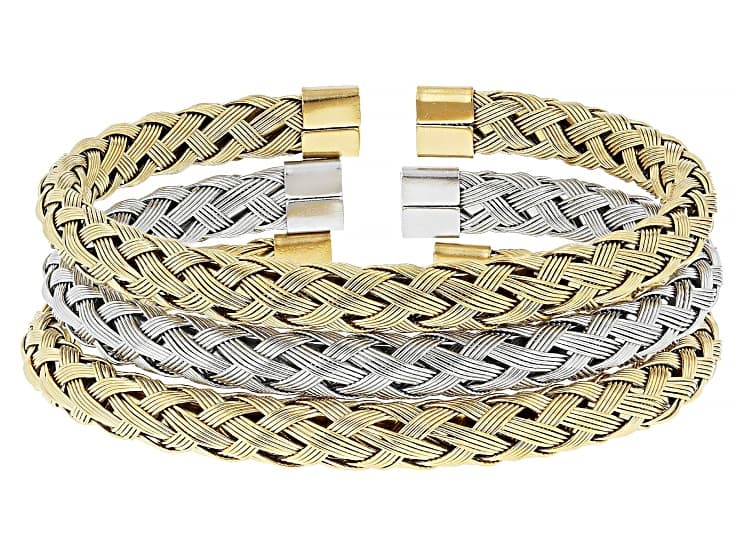 18K Yellow Gold Over Stainless Steel 6.7mm Two-Tone Woven Cuff Bracelet Set of 3