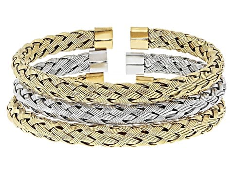 18K Yellow Gold Over Stainless Steel 6.7mm Two-Tone Woven Cuff Bracelet Set of 3