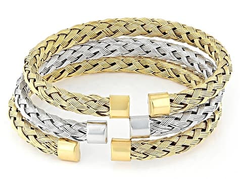 18K Yellow Gold Over Stainless Steel 6.7mm Two-Tone Woven Cuff Bracelet Set of 3