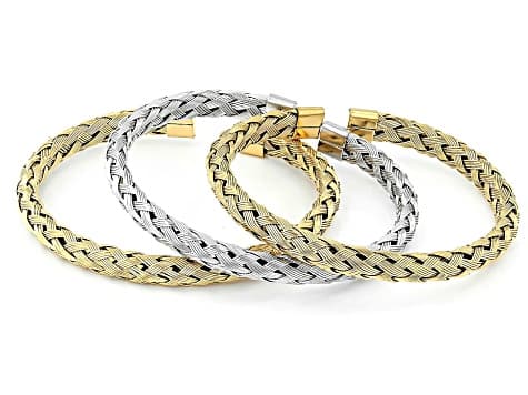 18K Yellow Gold Over Stainless Steel 6.7mm Two-Tone Woven Cuff Bracelet Set of 3