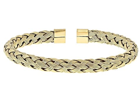 18K Yellow Gold Over Stainless Steel 6.7mm Two-Tone Woven Cuff Bracelet Set of 3