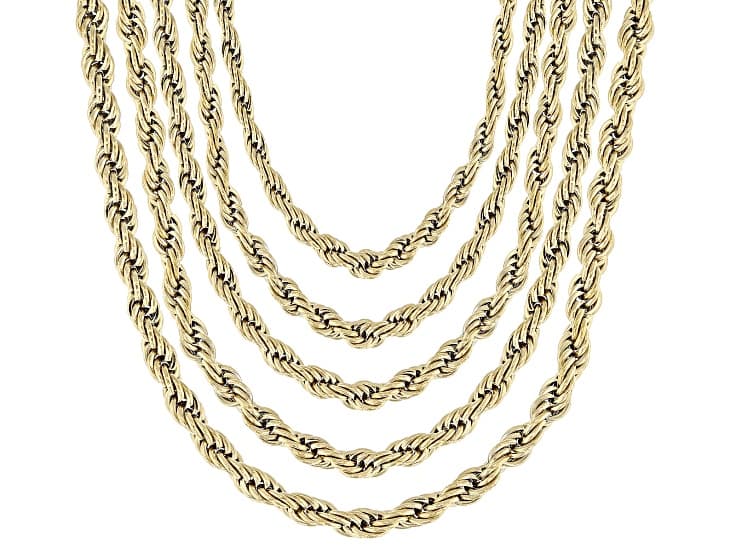 Gold Tone Stainless Steel 3mm Rope 18-22" Necklace Set of 5