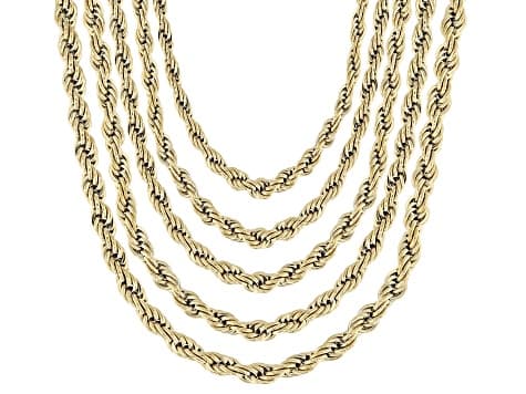 Gold Tone Stainless Steel 3mm Rope 18-22" Necklace Set of 5