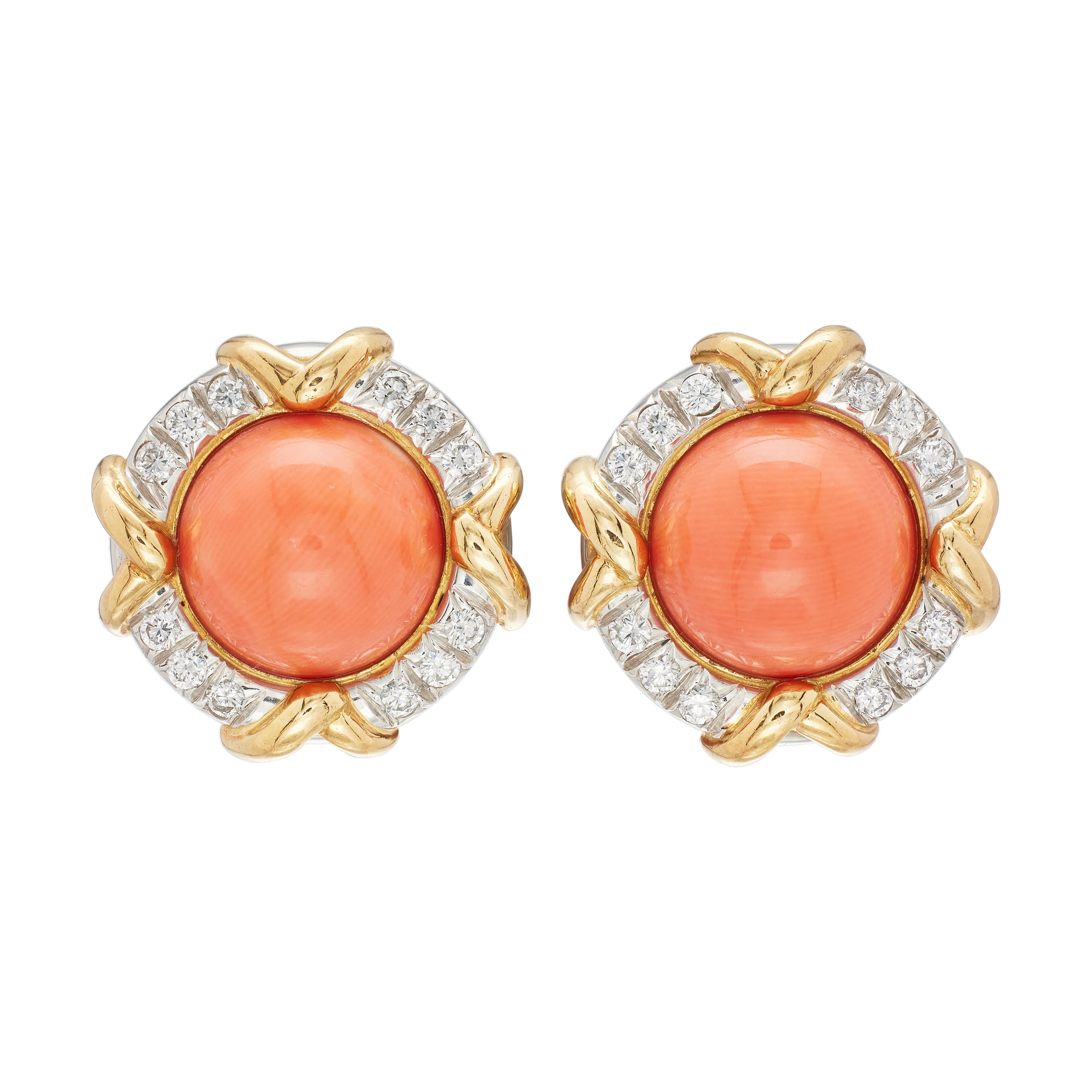 Vintage Platinum, Gold, Coral and Diamond Earclips
