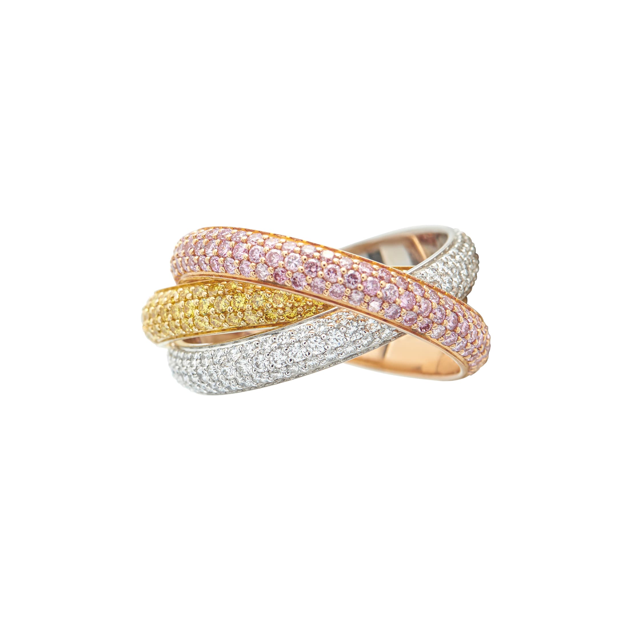 Gold, White Gold, Rose, Yellow Diamond, Pink Diamond and Diamond Trinity Ring