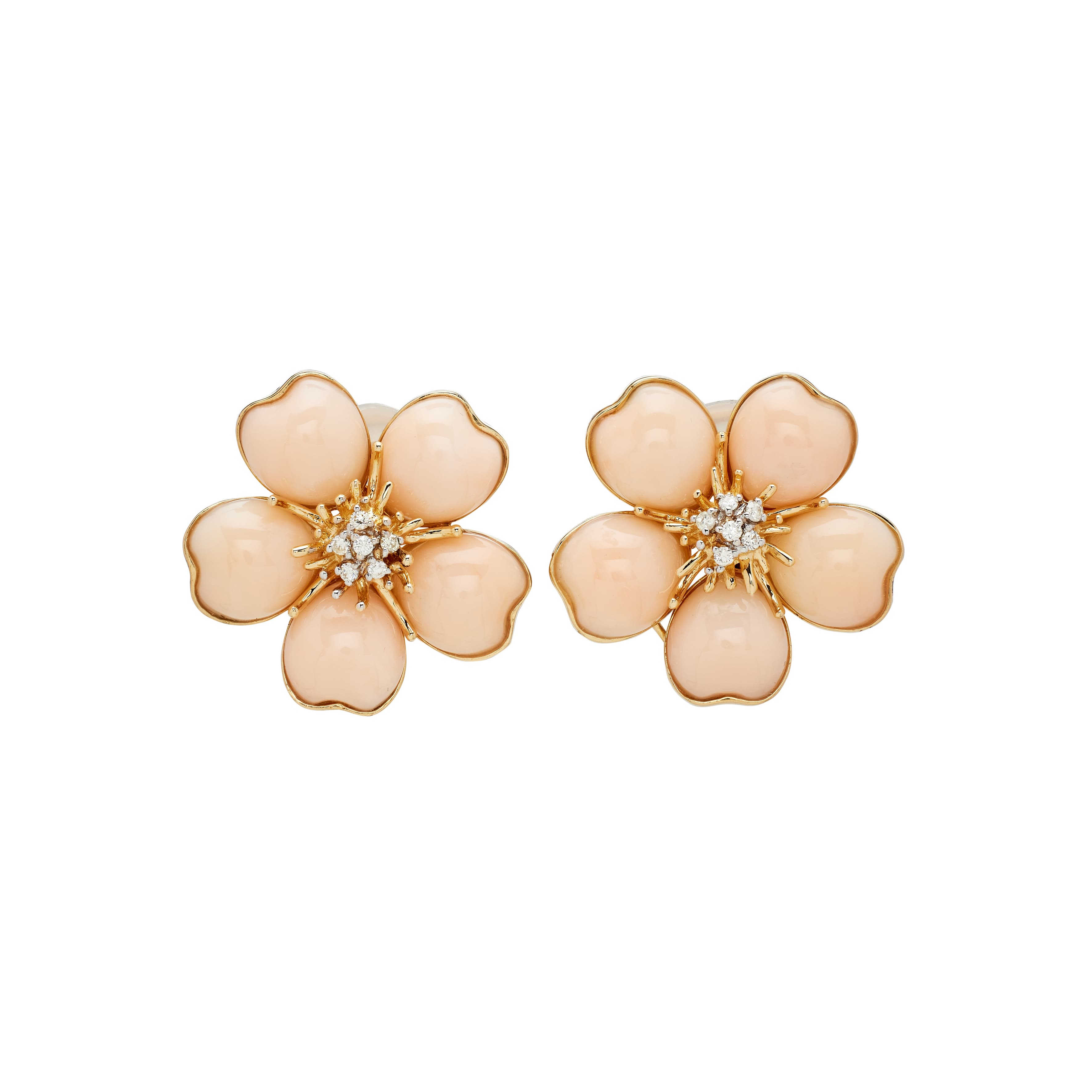 Gold, Coral and Diamond Floral Earclips