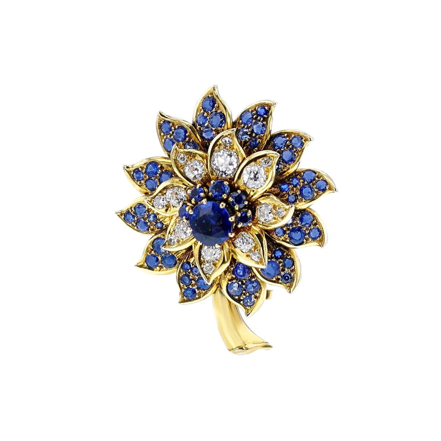 Vintage Gold, Sapphire and Diamond Flower Brooch