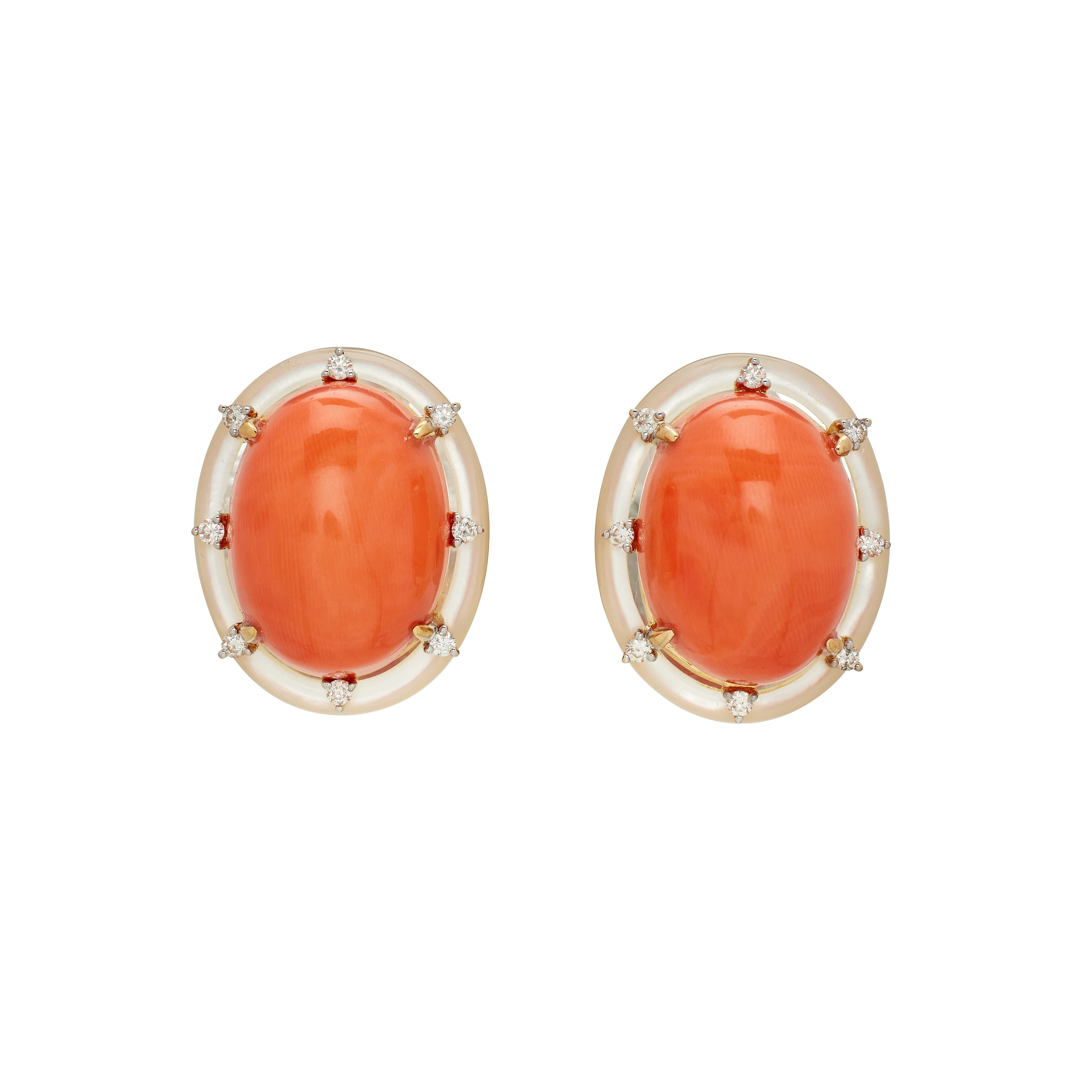 Gold, Coral, Mother of Pearl, and Diamond Earclips