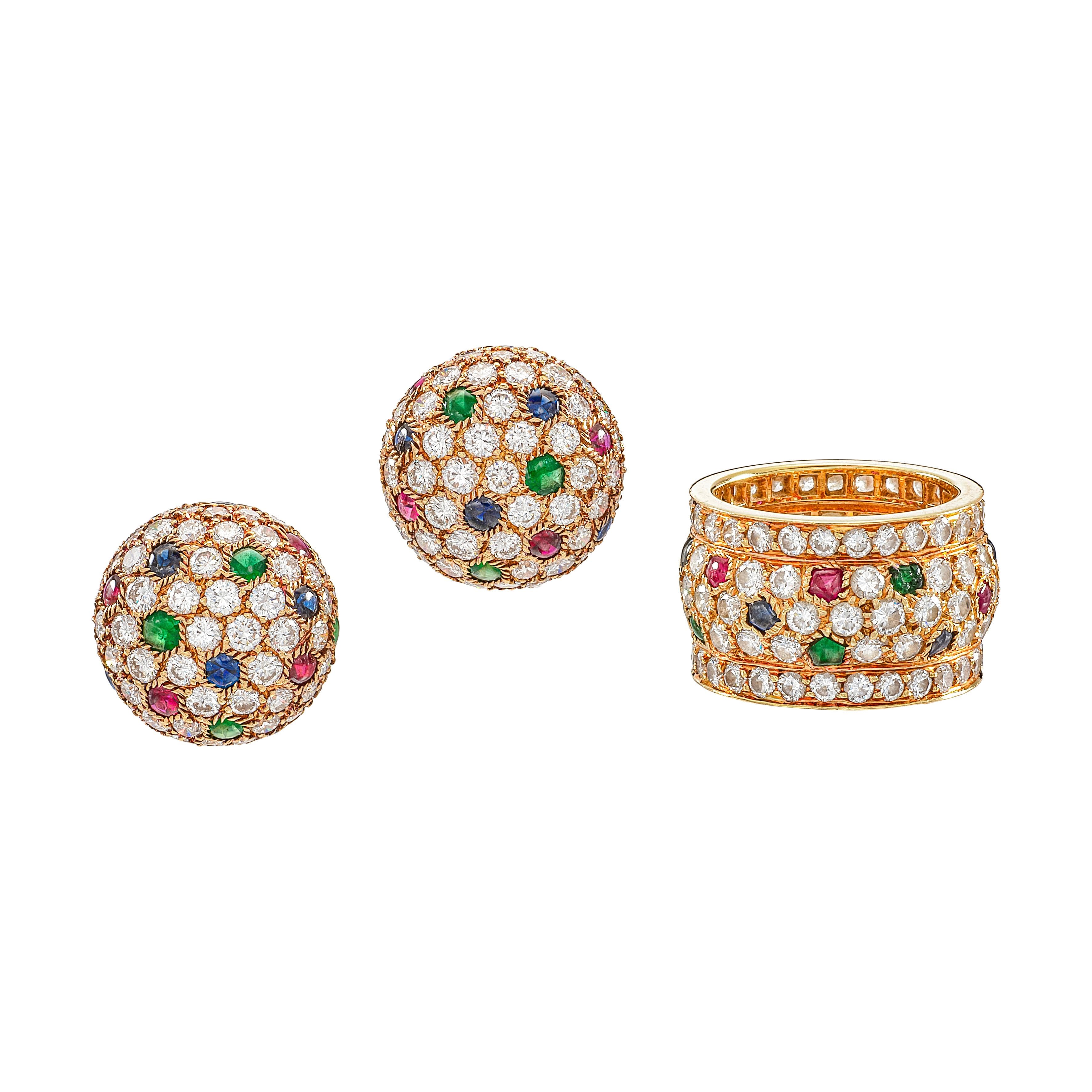Gold, Ruby, Emerald, Sapphire and Diamond Bagheera Earrings and Nigeria Ring Set