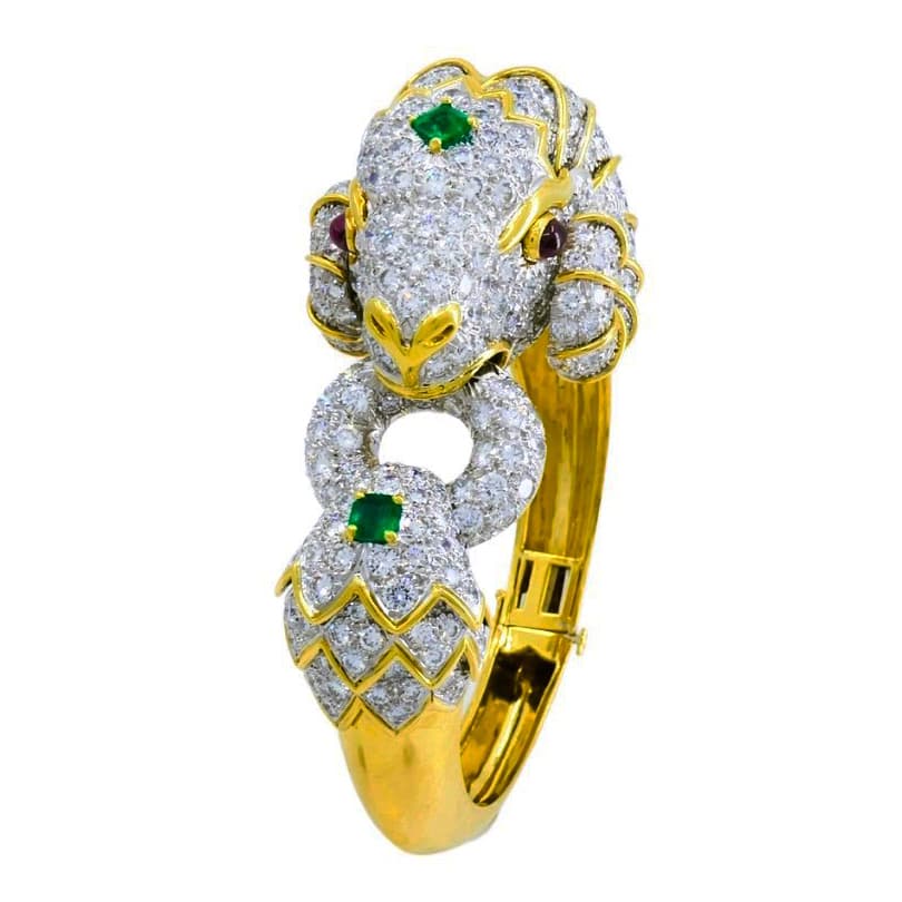 Gold, Platinum, Emerald, Ruby and Diamond Ram's Head Bracelet