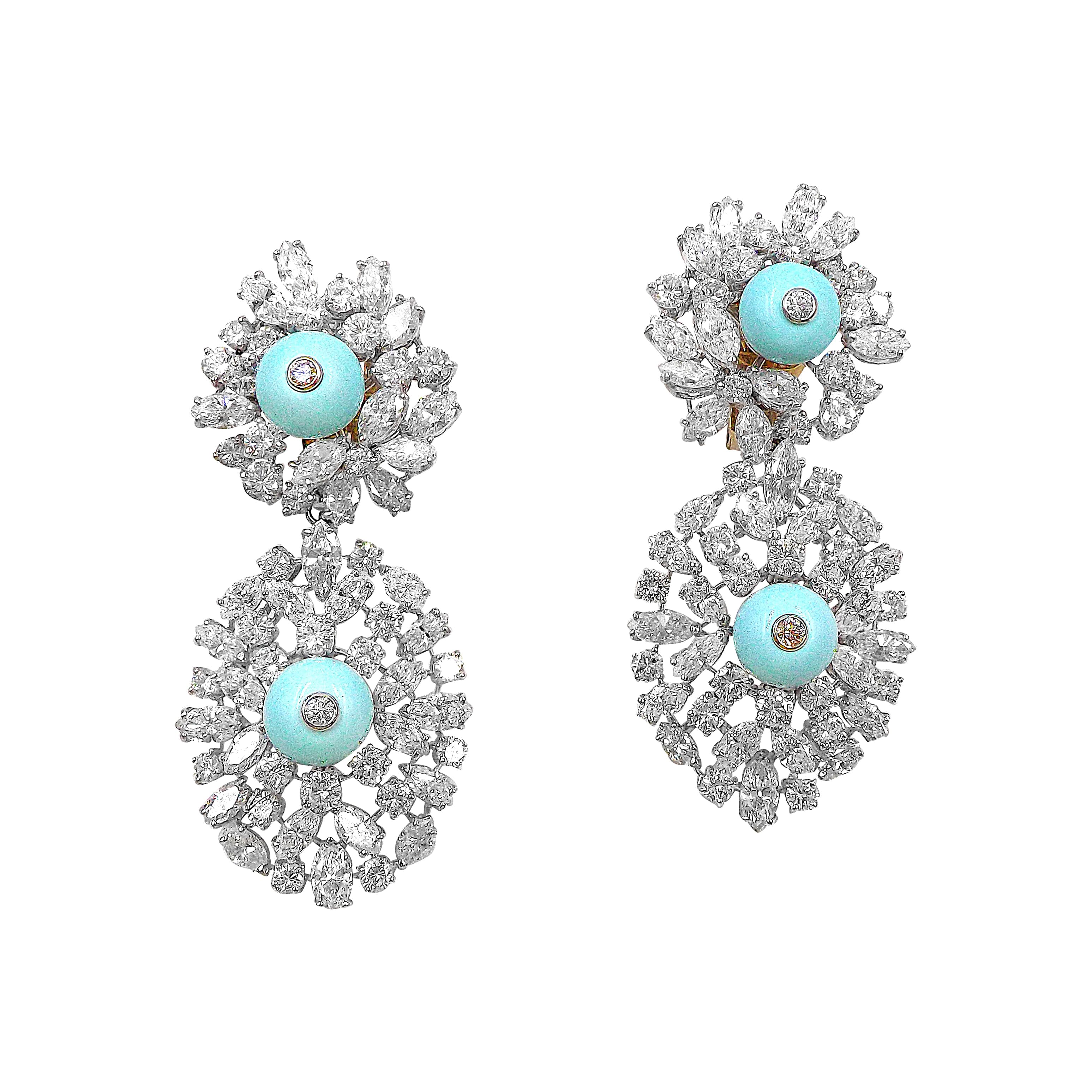 Platinum, Gold, Turquoise and Diamond Day & Night Earclips