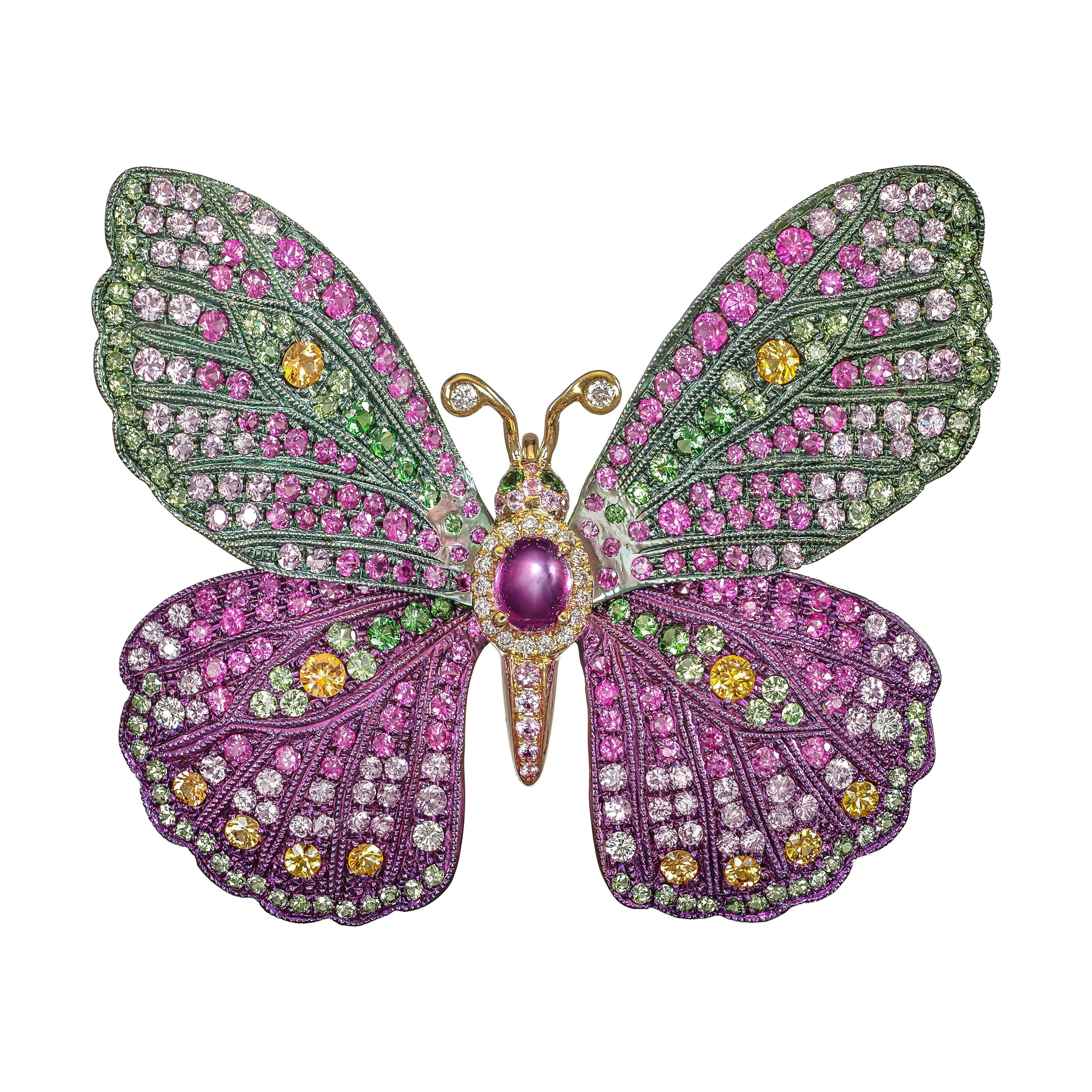 Titanium, Gold, Pink Star Sapphire, Gem Set and Diamond 'BUTTERFLY' Pendant