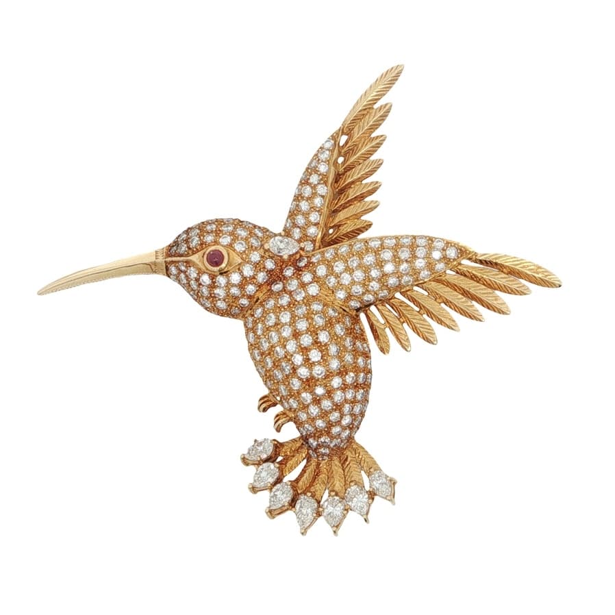 Gold, Ruby and Diamond Hummingbird Brooch