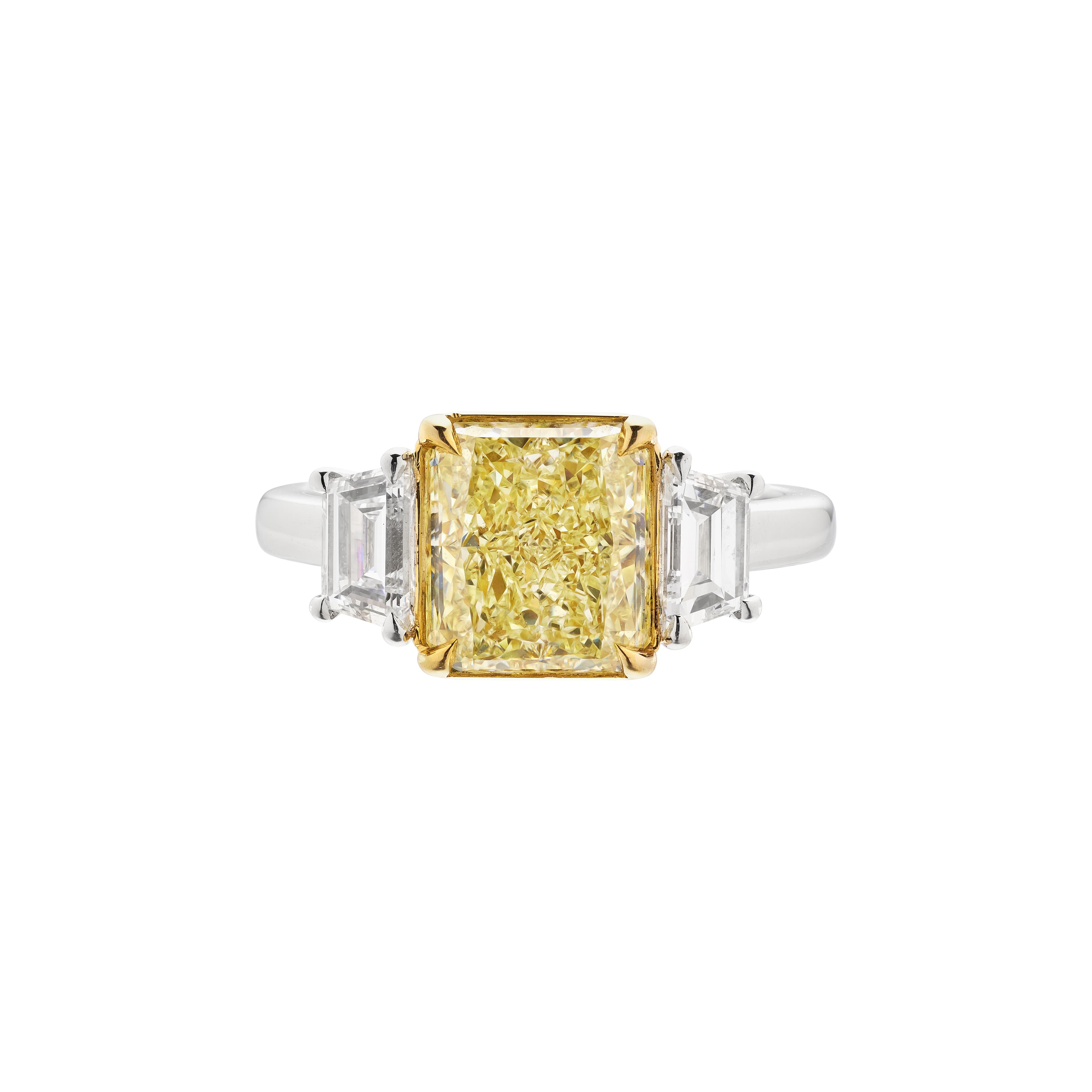 Platinum, Gold, 3.08ct Radiant Cut Fancy Yellow Diamond and Diamond Engagement Ring