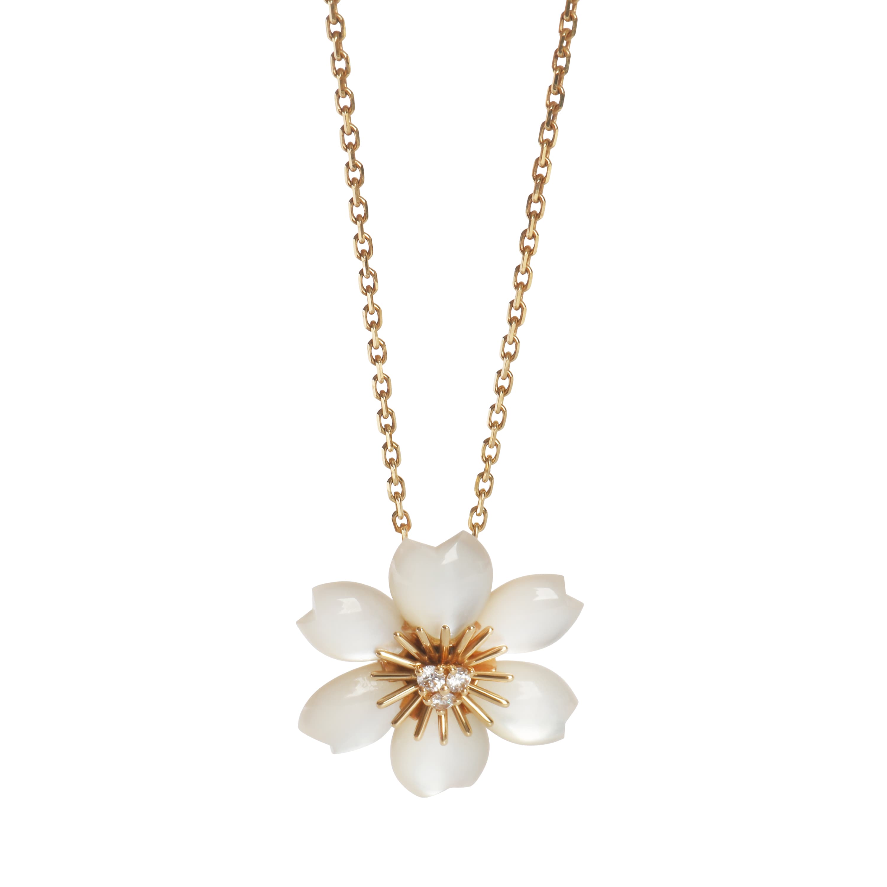 Gold, Mother of Pearl and Diamond Mini Rose de Noël Pendant Necklace 