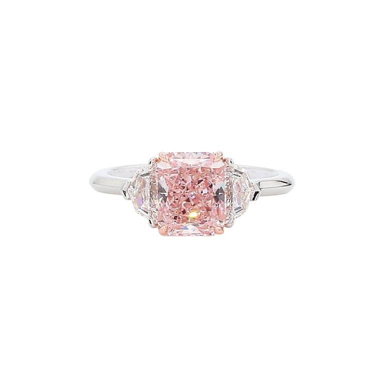 Platinum, 2.02ct Radiant Cut Fancy Brownish Pink Diamond and Diamond Three Stone Engagement Ring