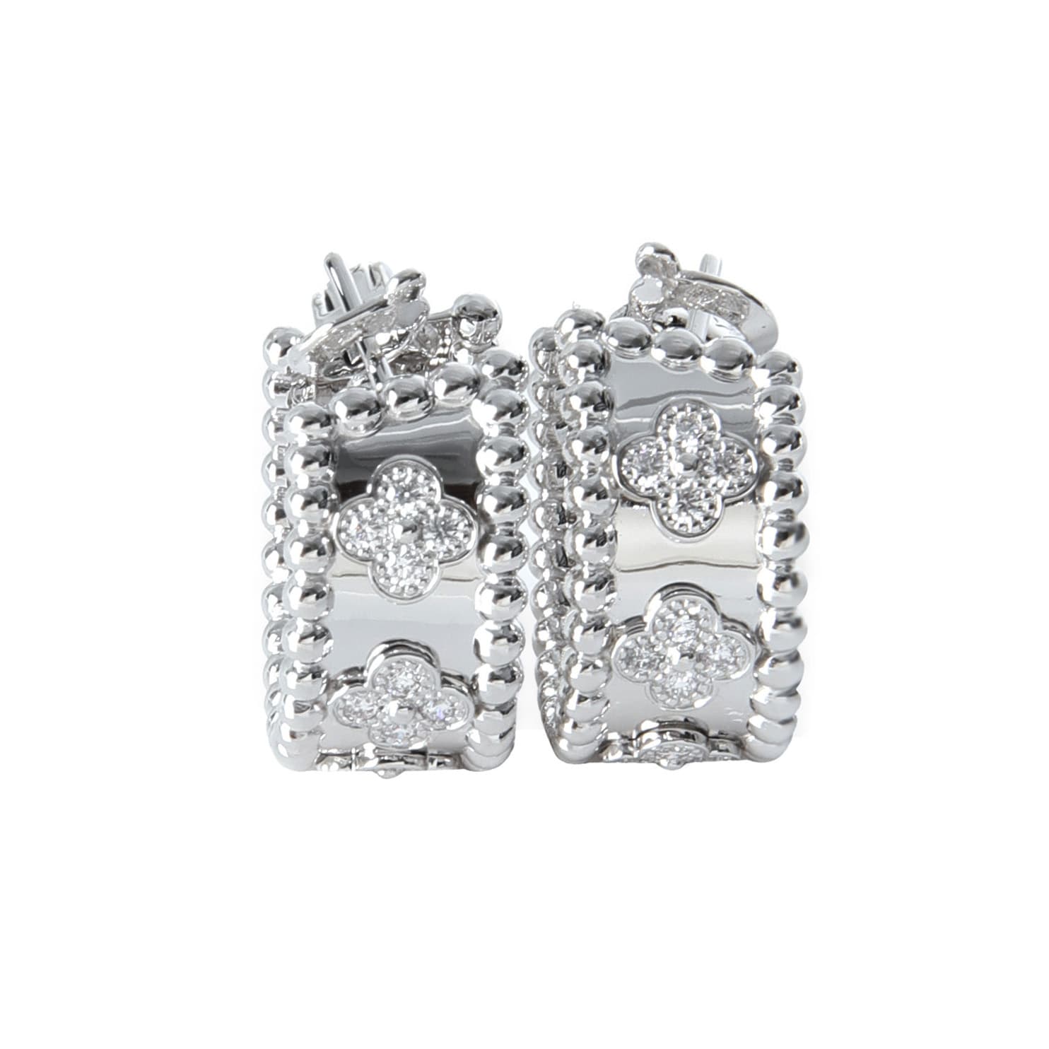 White Gold and Diamond Perlée Clovers Hoop Earclips