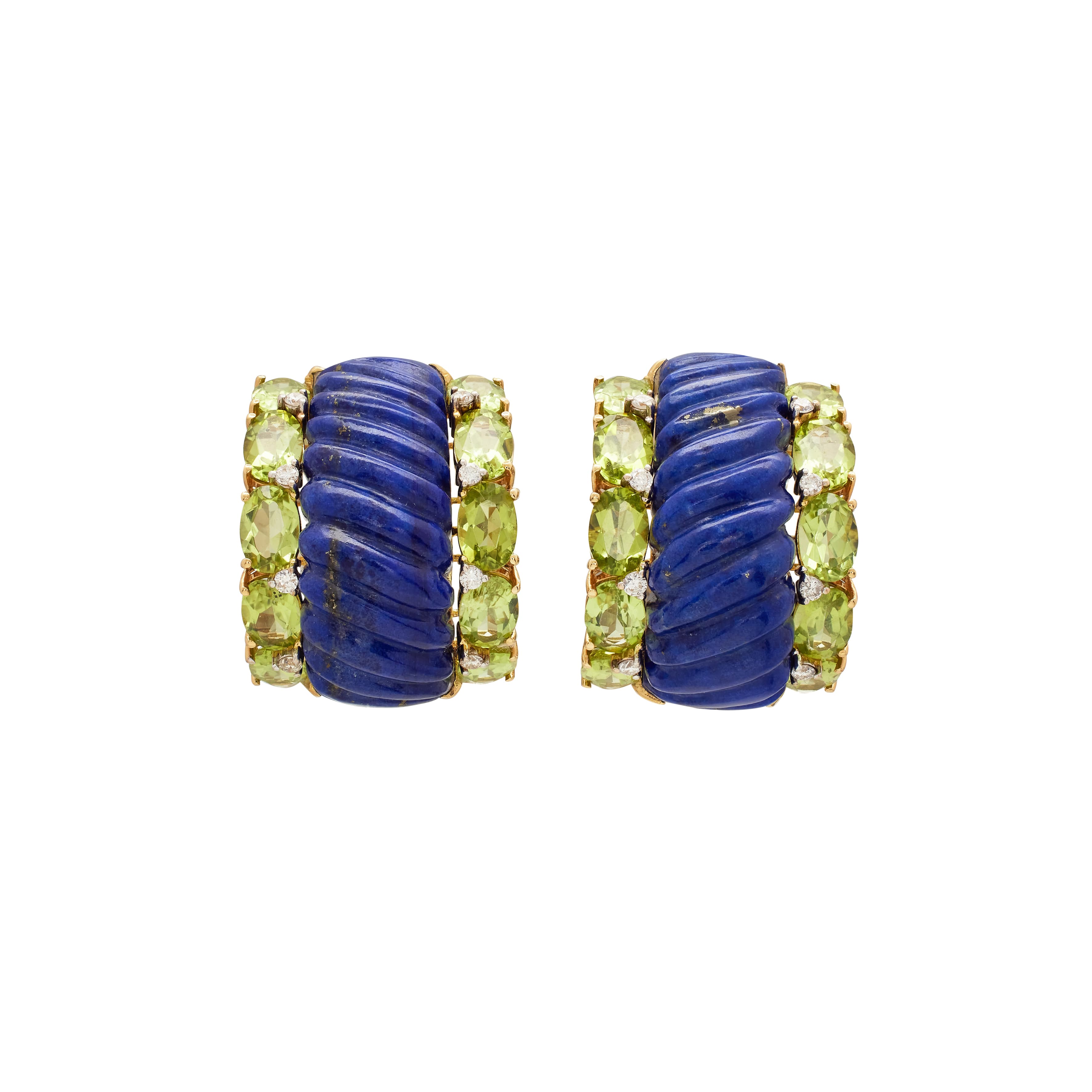Gold, Lapis Lazuli, Peridot, and Diamond Earclips