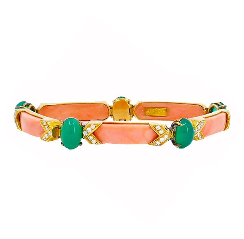 Vintage Gold, Coral, Chrysoprase and Diamond Bracelet 