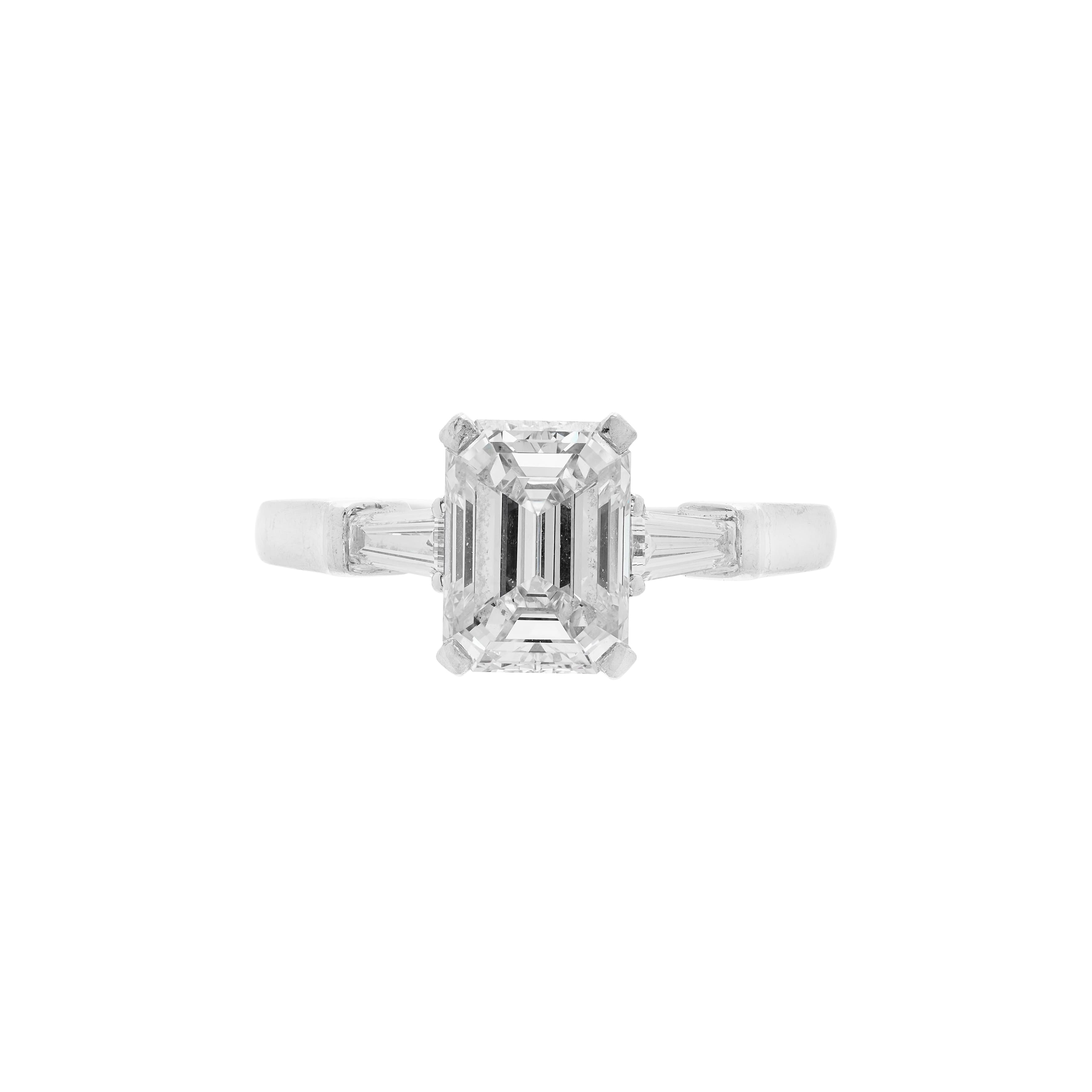 Platinum, 1.70ct Emerald Cut Diamond and Diamond Engagement Ring 