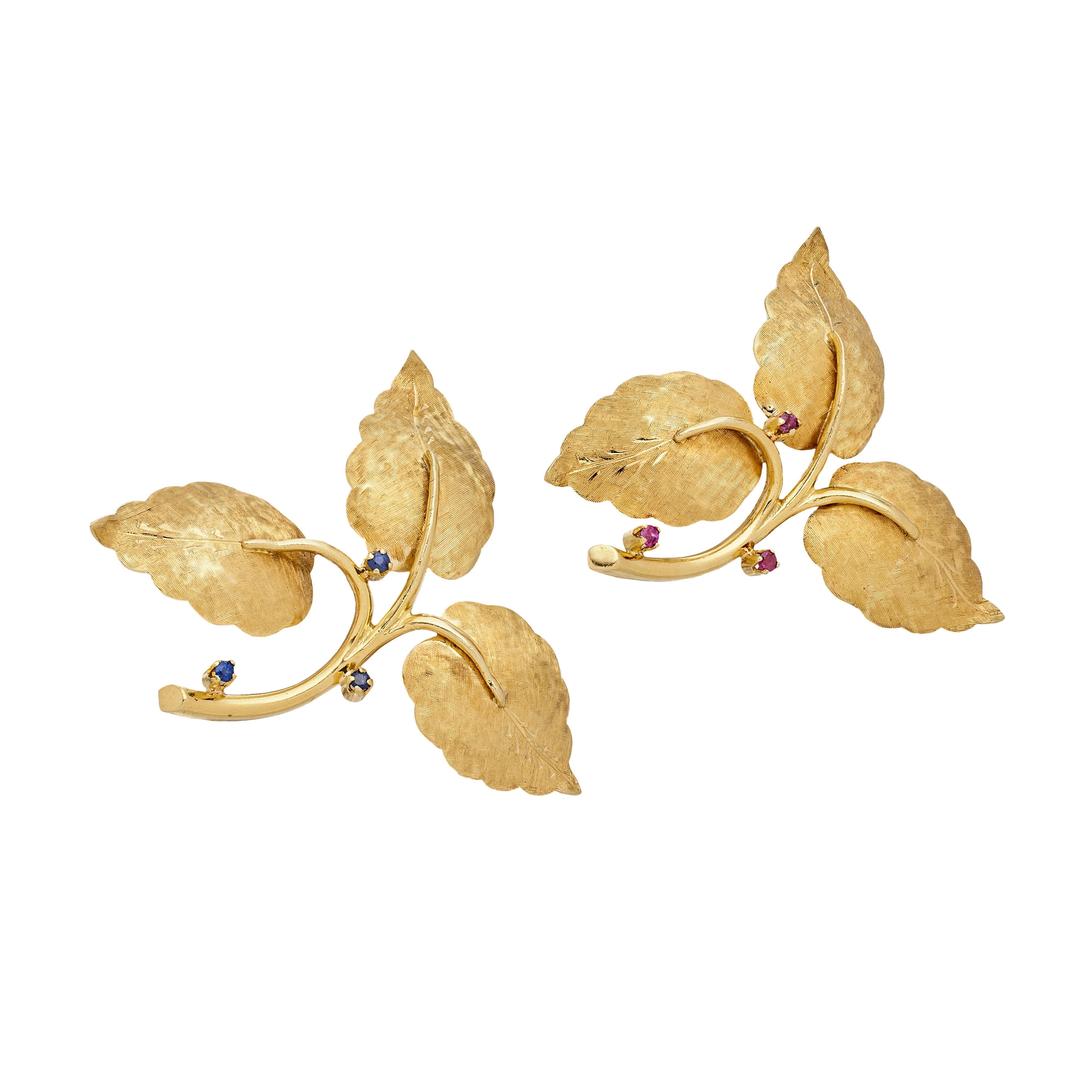 Vintage Gold, Ruby and Sapphire 3 Leaf Brooch Set