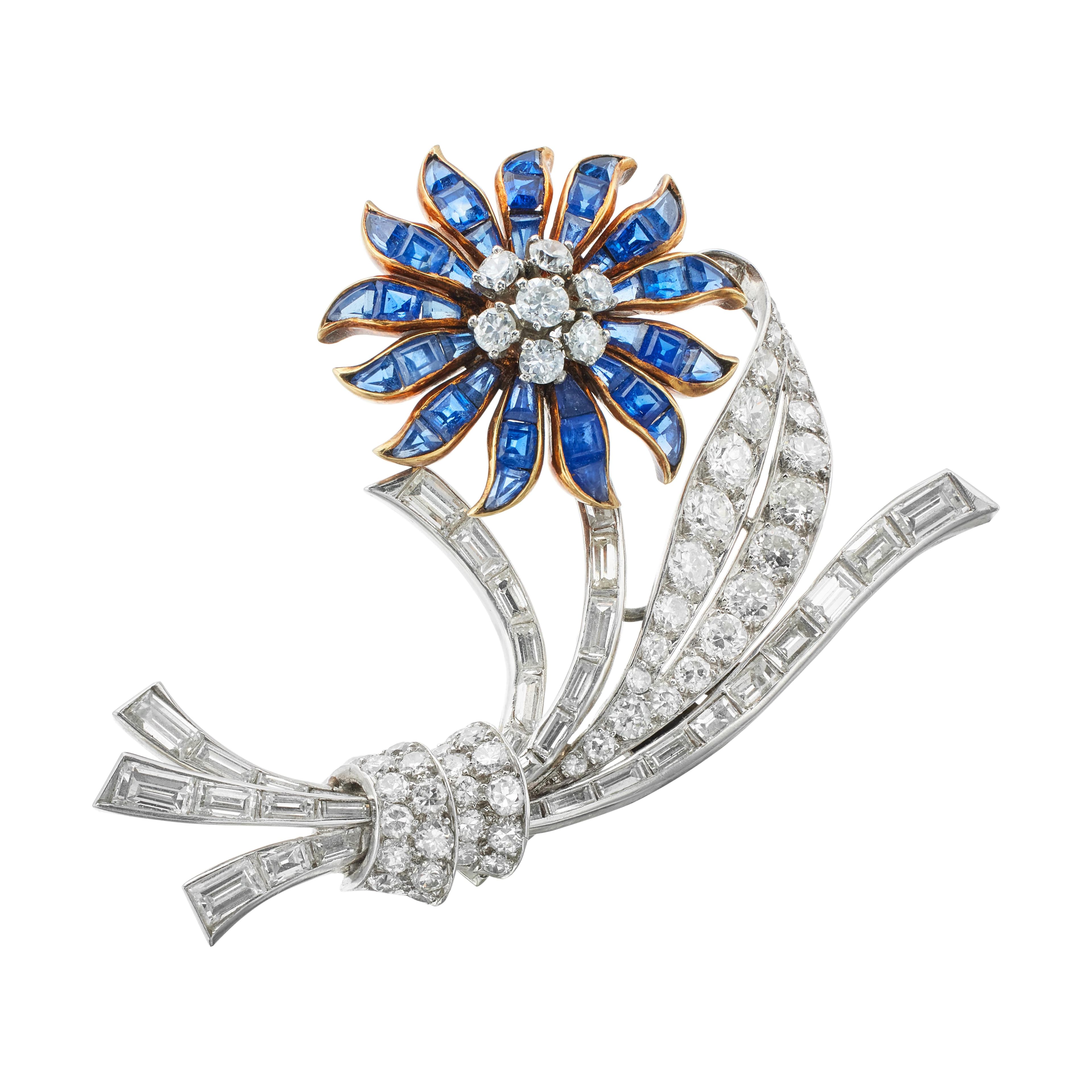 Vintage Platinum, Gold, Sapphire and Diamond Flower Brooch