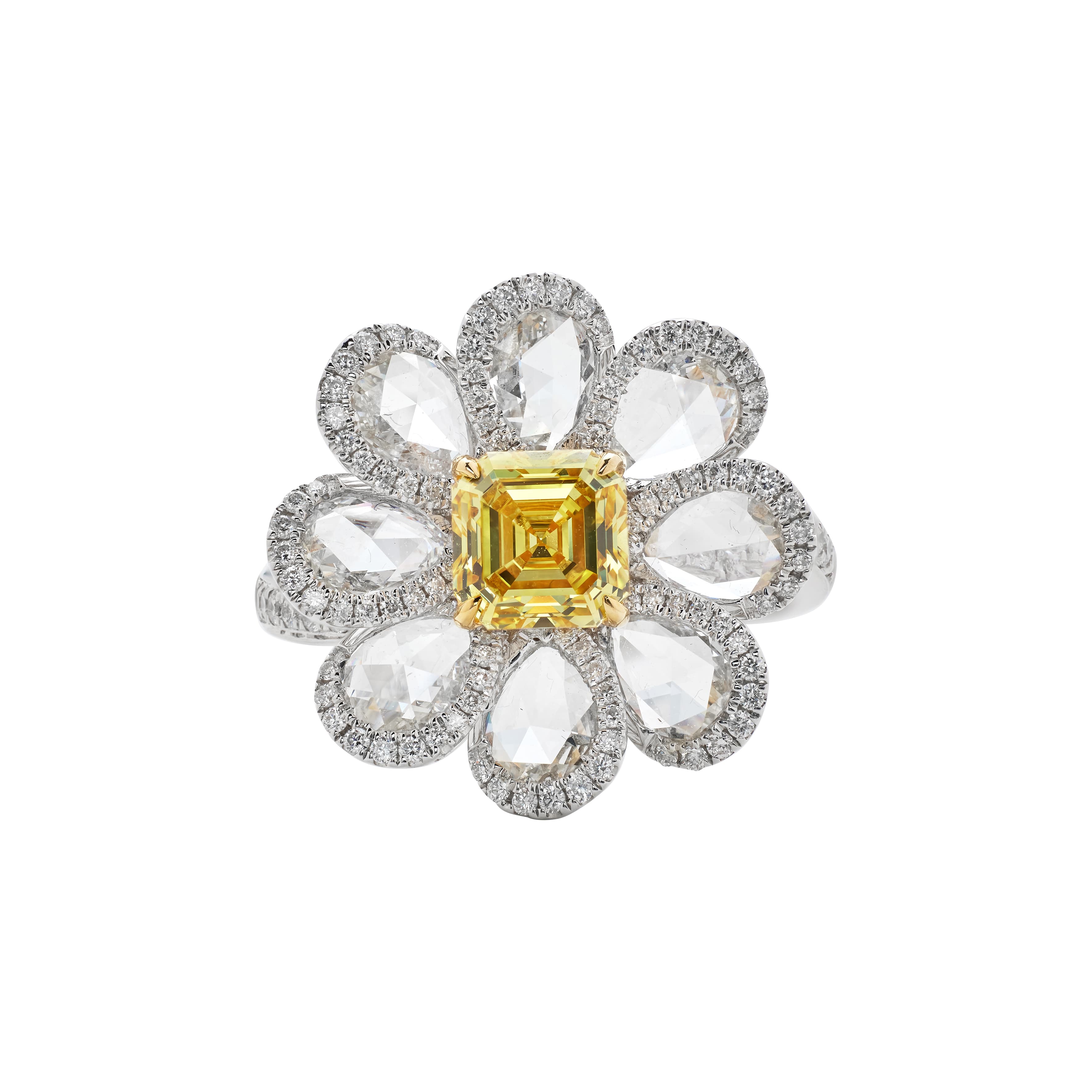 White Gold, 1.04ct Emerald Cut Fancy Vivid Yellow Diamond and Diamond Flower Ring