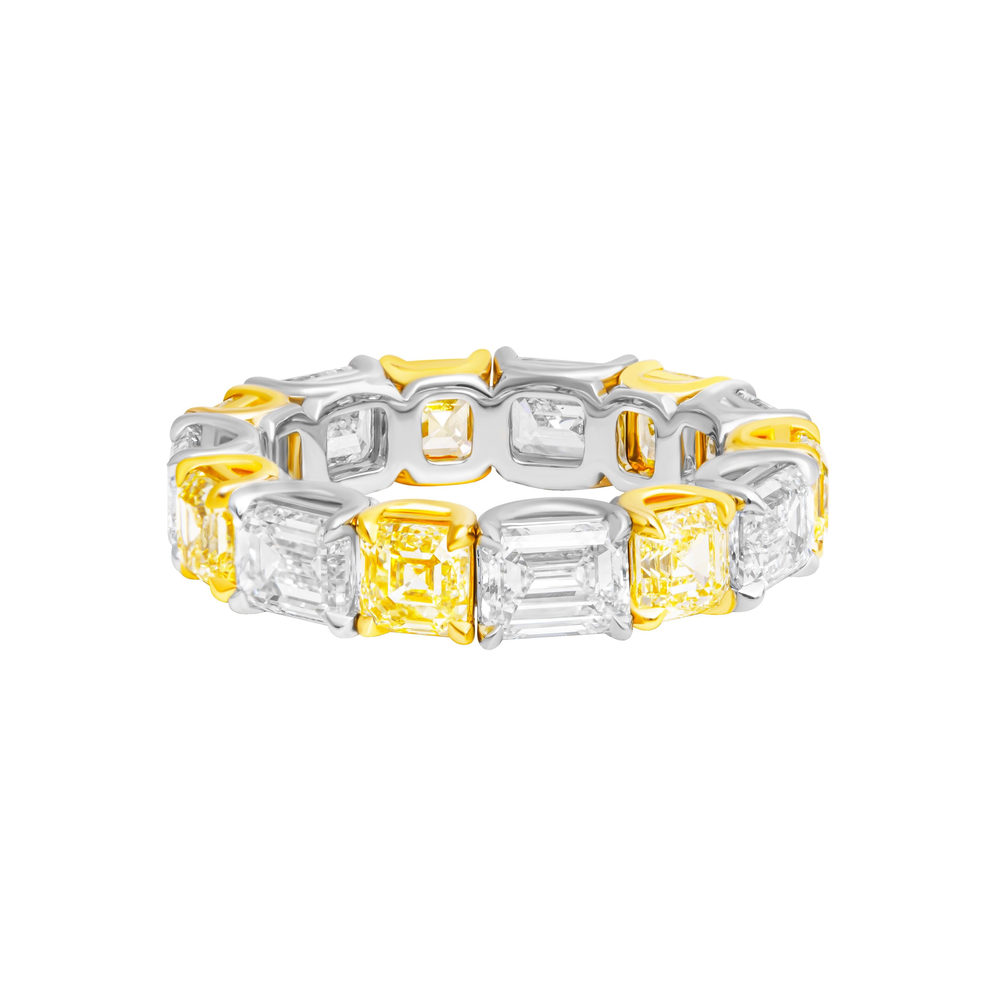 Platinum, Gold, 2.74ctw Asscher Cut Fancy Yellow Diamond and 3.52ctw Emerald Cut Diamond Eternity Band Ring