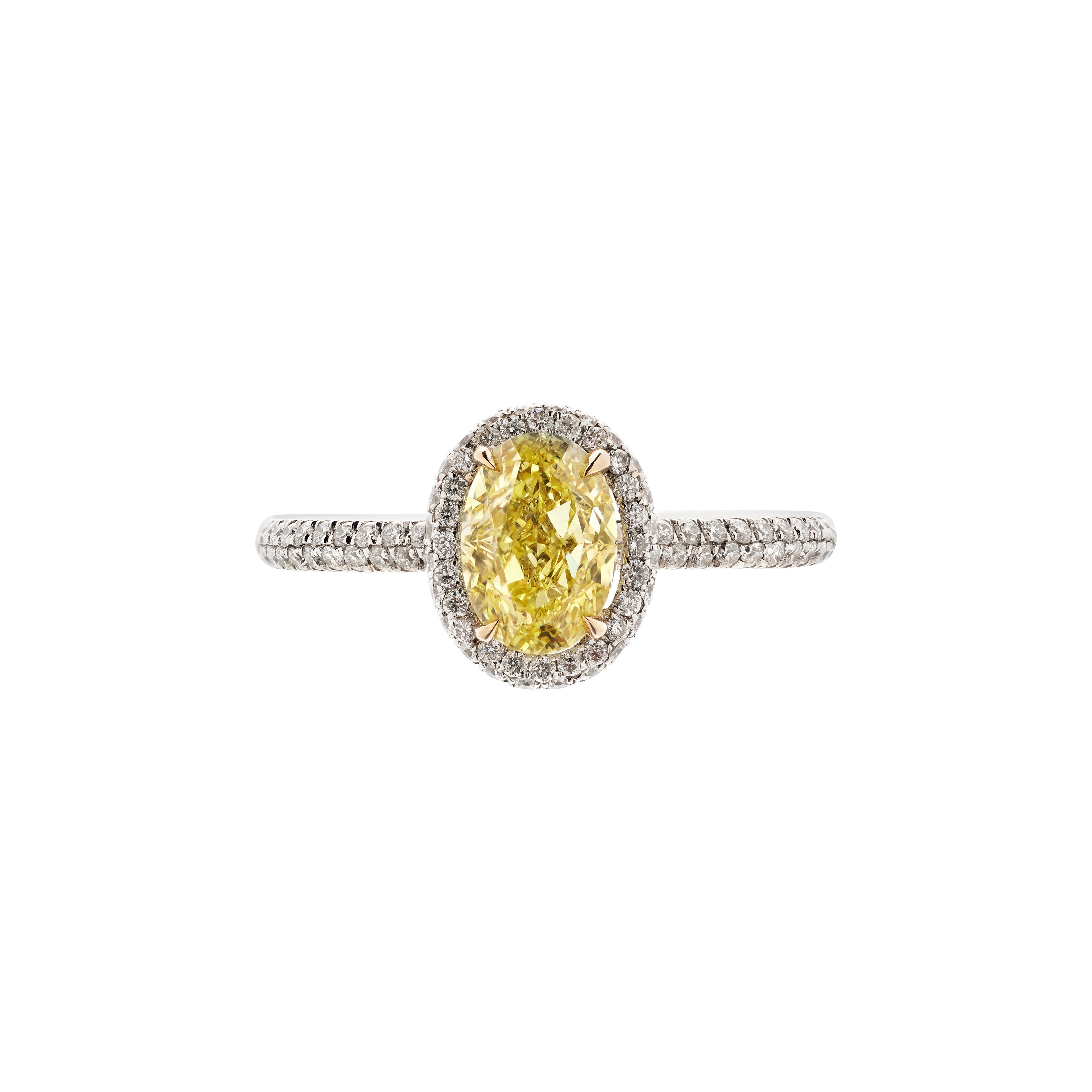 White Gold, 1.09ct Oval Shape Fancy Intense Yellow Diamond and Diamond Engagement Ring 