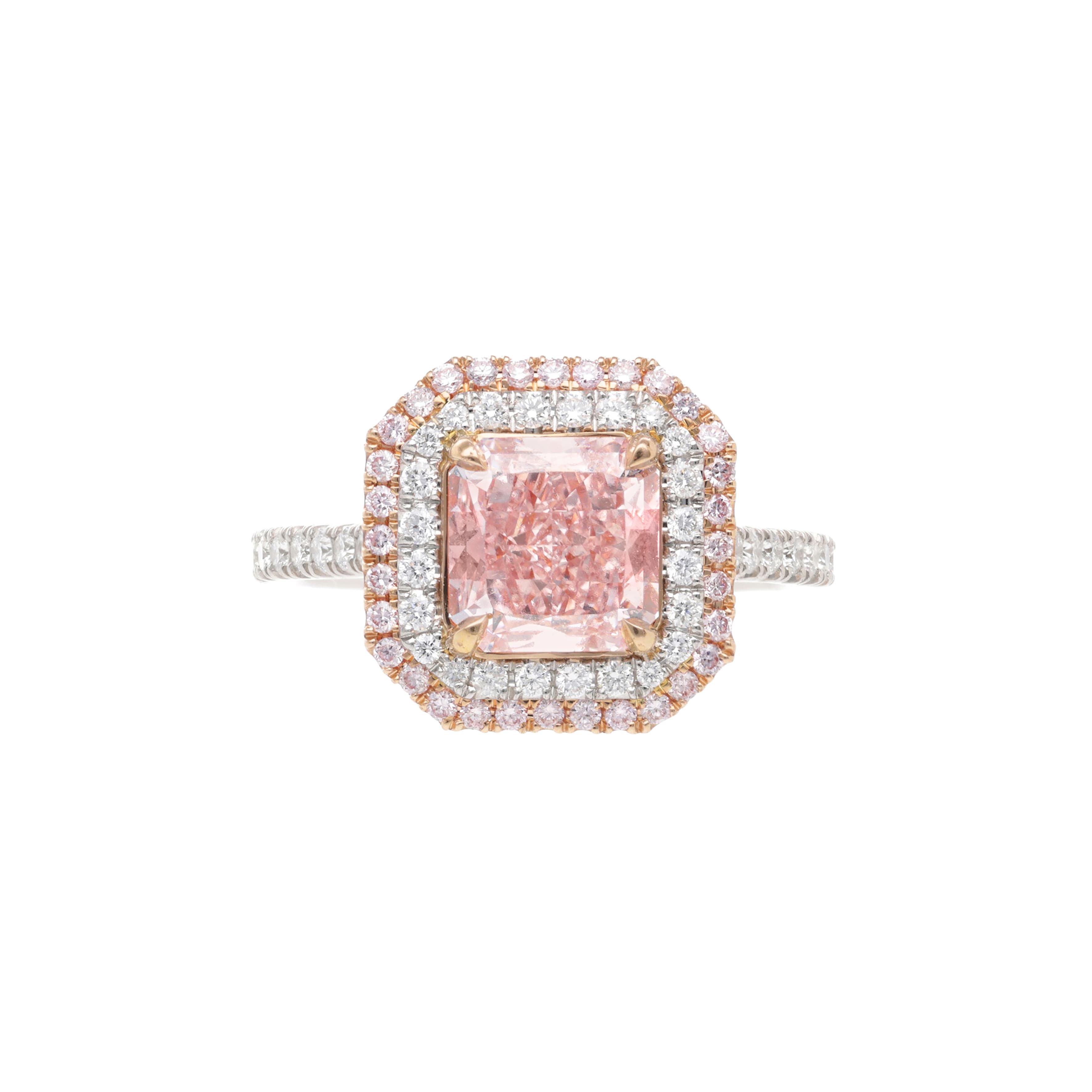 Platinum, Rose Gold, 2.06ct Radiant Cut Fancy Pink Diamond and Diamond Ring