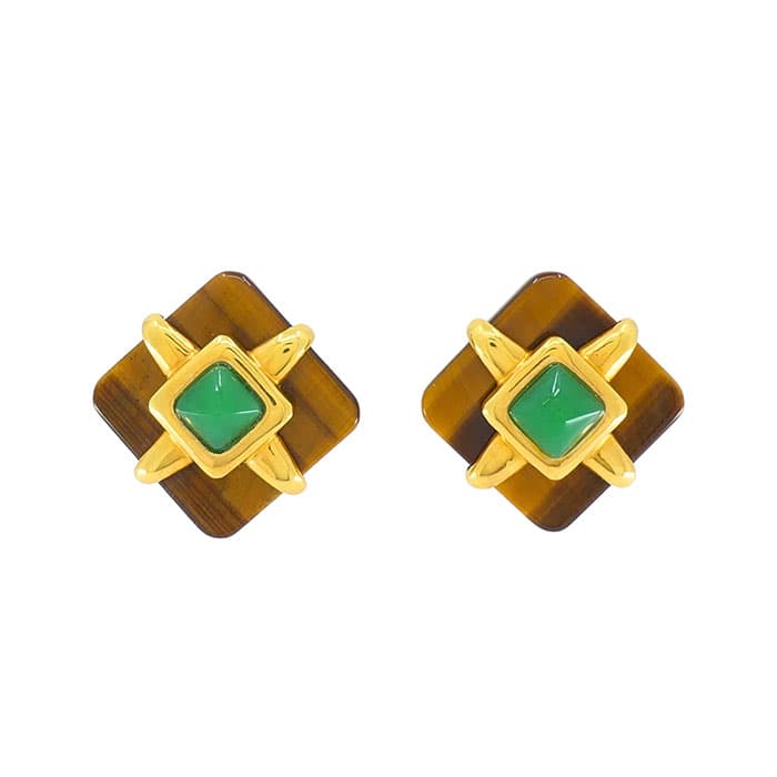 Vintage Gold, Tiger's Eye and Chrysoprase Earclips