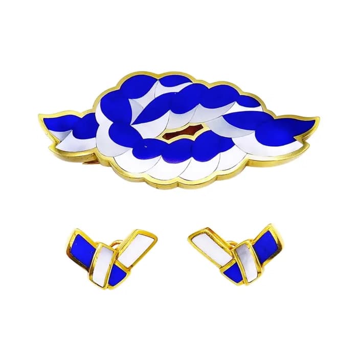 Vintage Gold, Mother of Pearl and Lapis Lazuli Knot Brooch Set