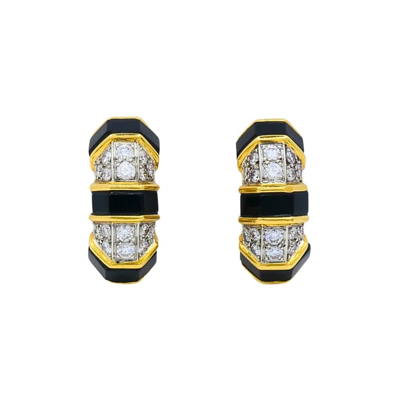 Gold, White Gold, Onyx and Diamond Earclips
