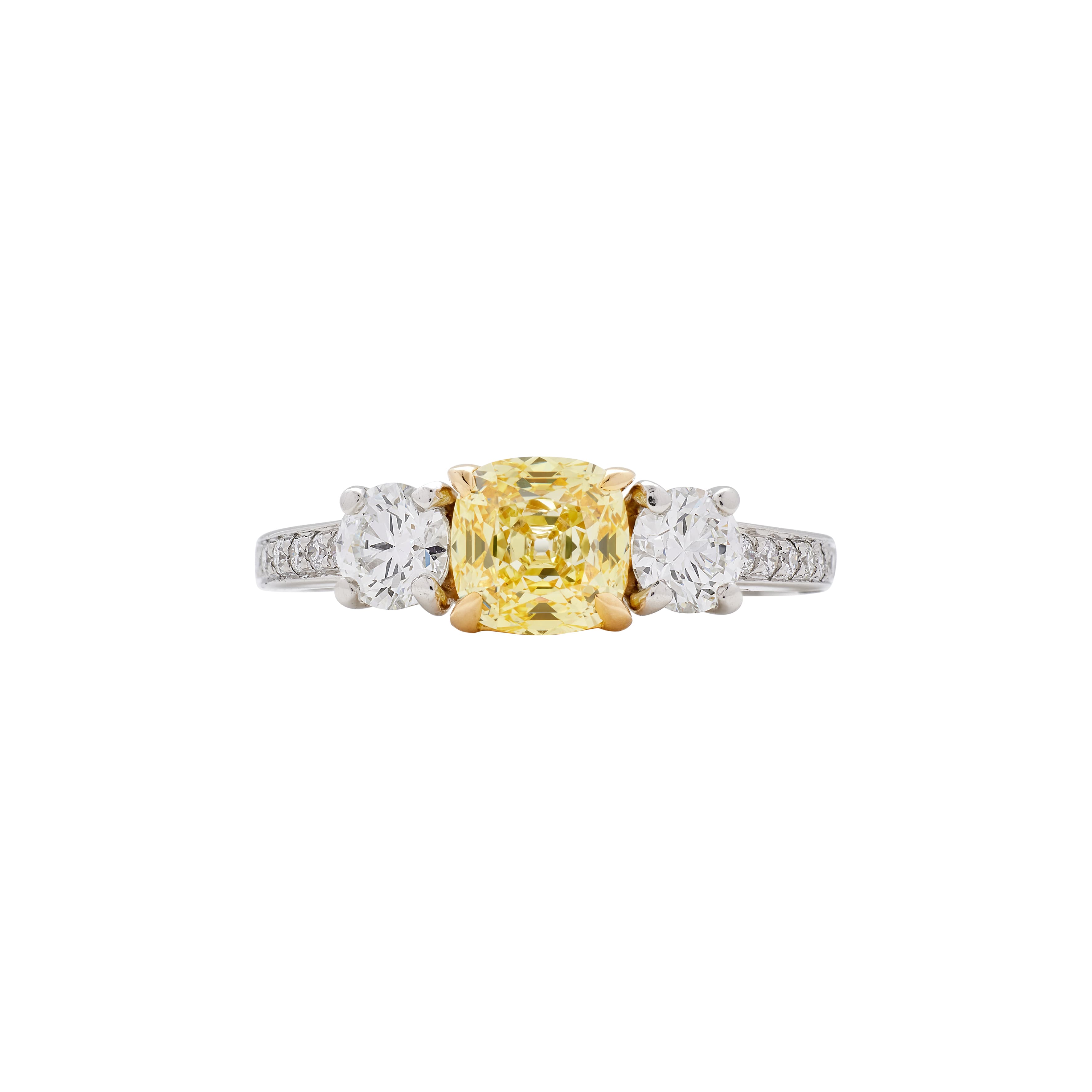 Platinum, Gold, 1.02ct Fancy Yellow Diamond and Diamond Threestone Ring