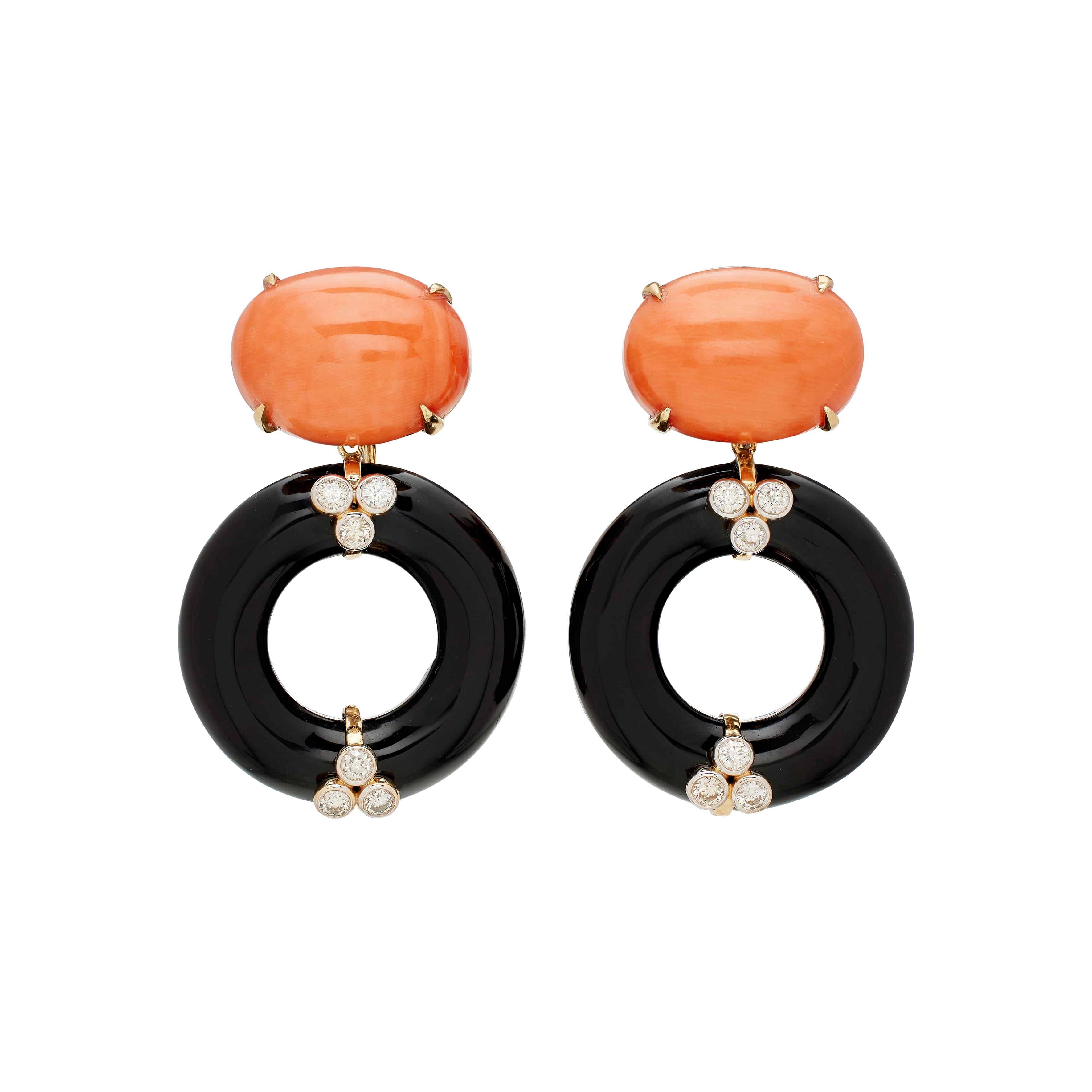 Gold, Coral, Onyx, and Diamond Drop Earrings