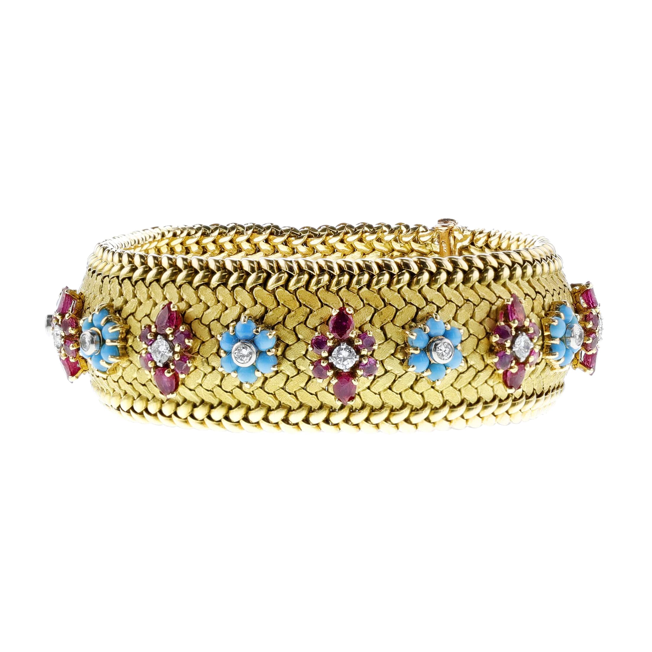 Vintage Gold, Turquoise, Ruby and Diamond Bracelet