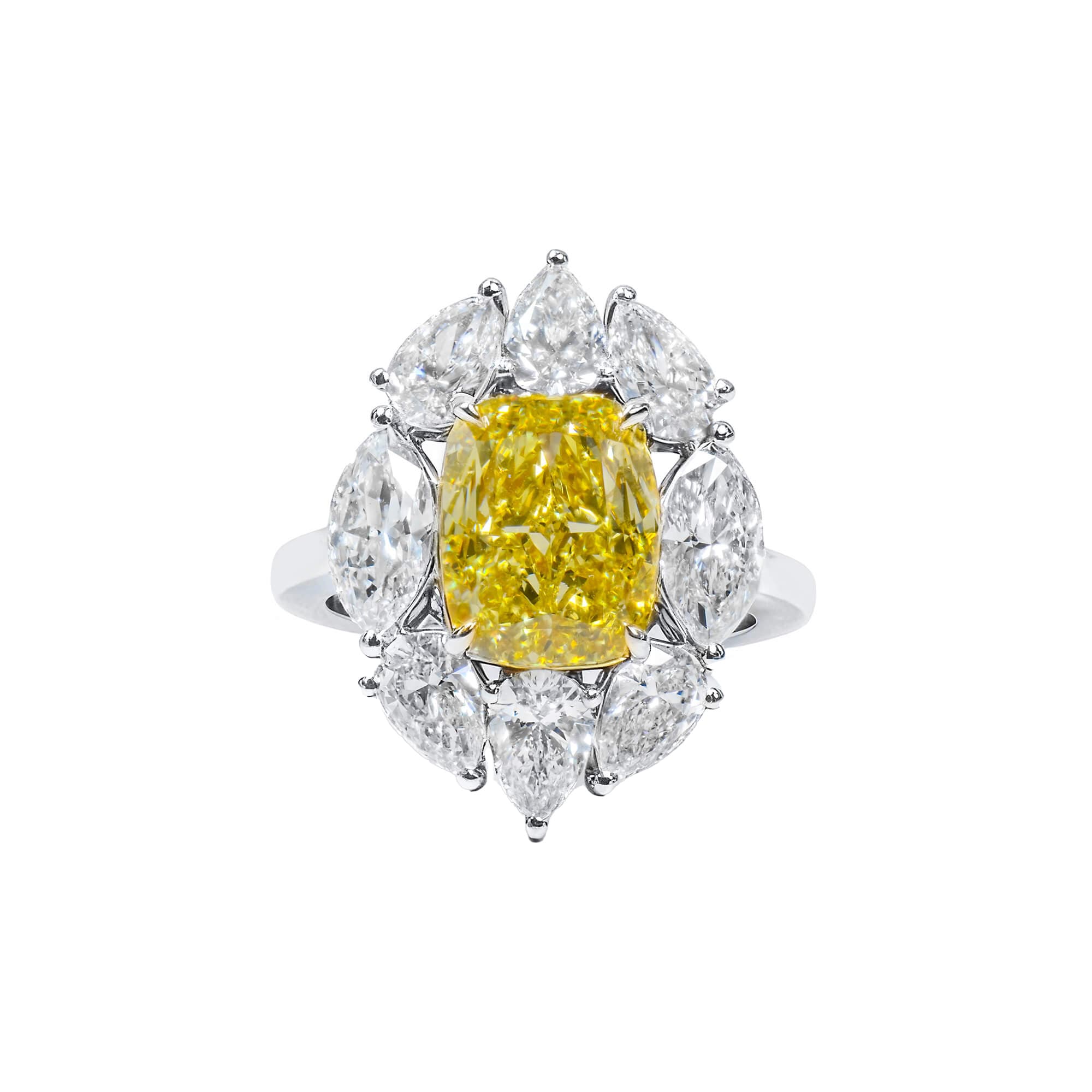 White Gold, 5.24ct Cushion Cut Fancy Intense Yellow Diamond and Diamond Ring