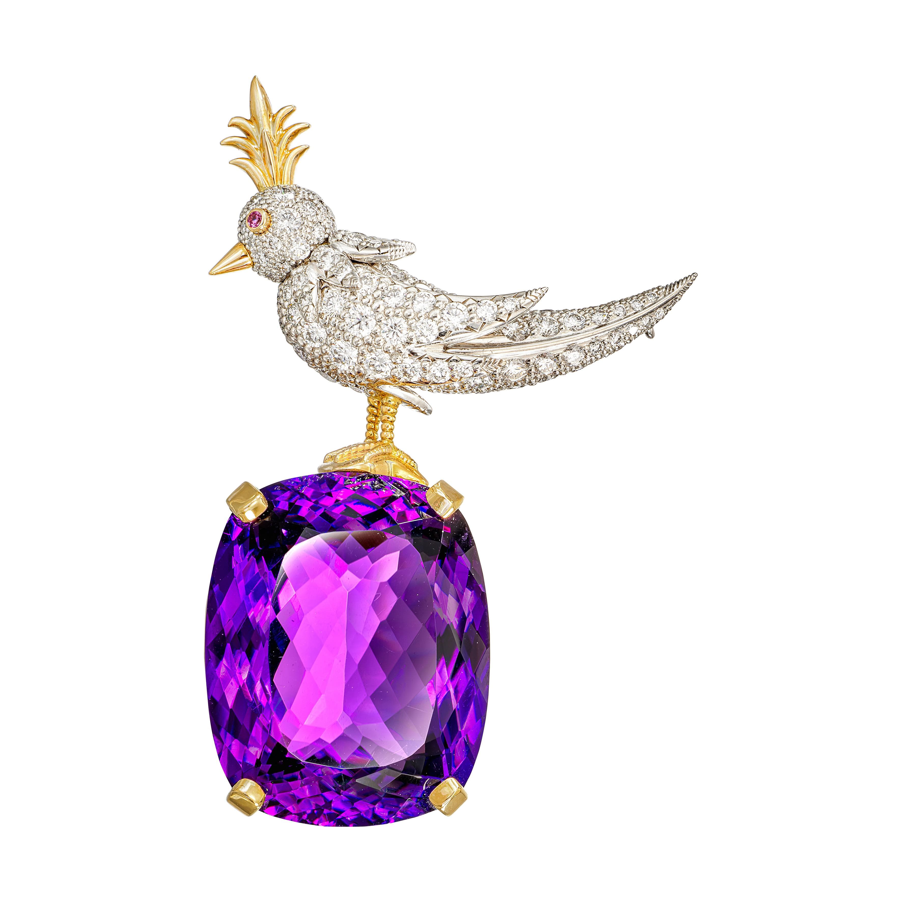 Gold, Platinum, 69.94ct Amethyst and Diamond Bird on a Rock Brooch