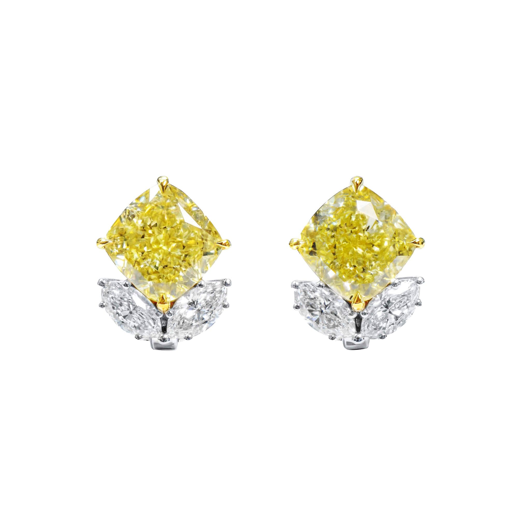 White Gold, 6.77ctw Cushion Cut Fancy Yellow Diamond and Diamond Earclips