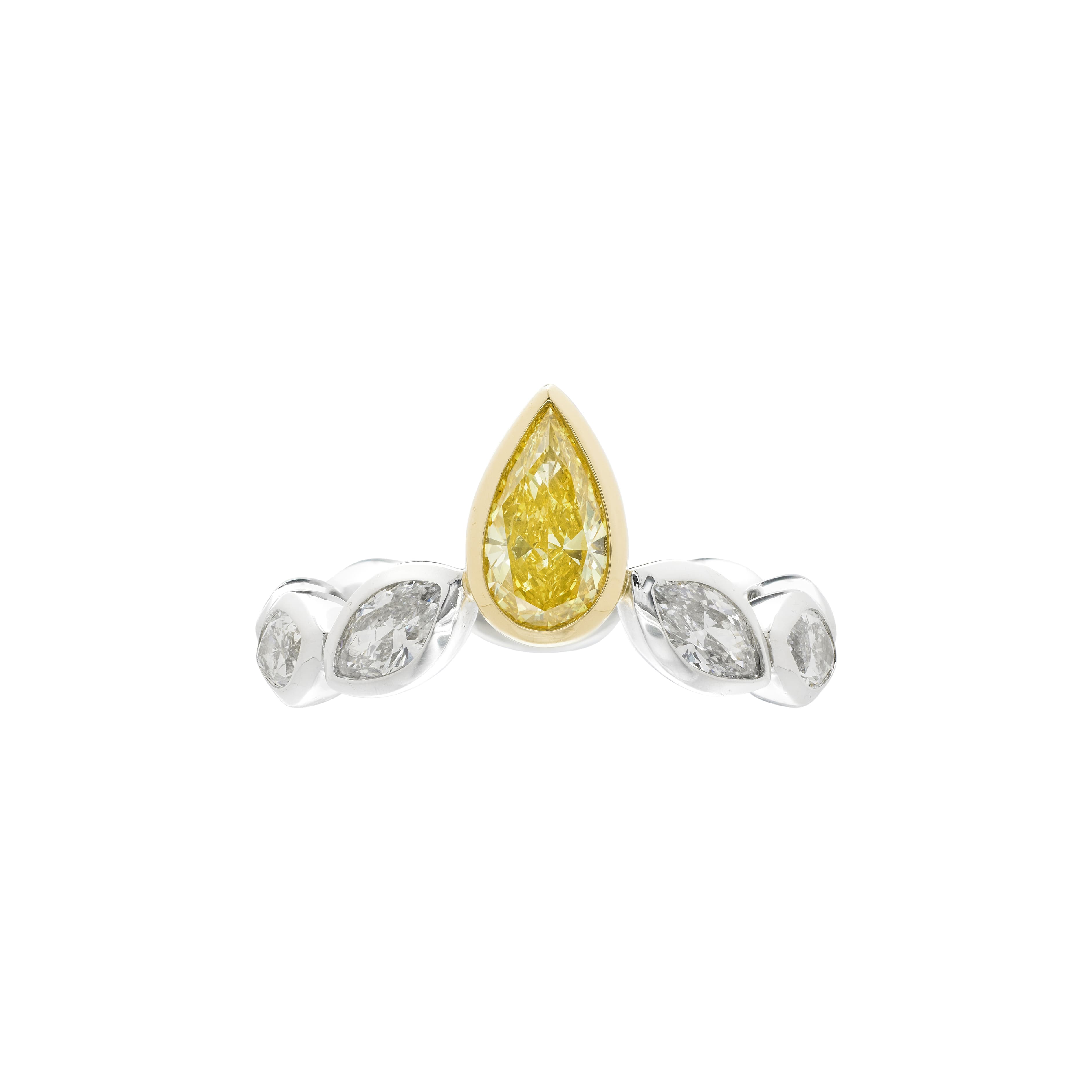 Platinum, Gold, 0.71ct Pear Shape Fancy Vivid Yellow Diamond and Diamond Ring