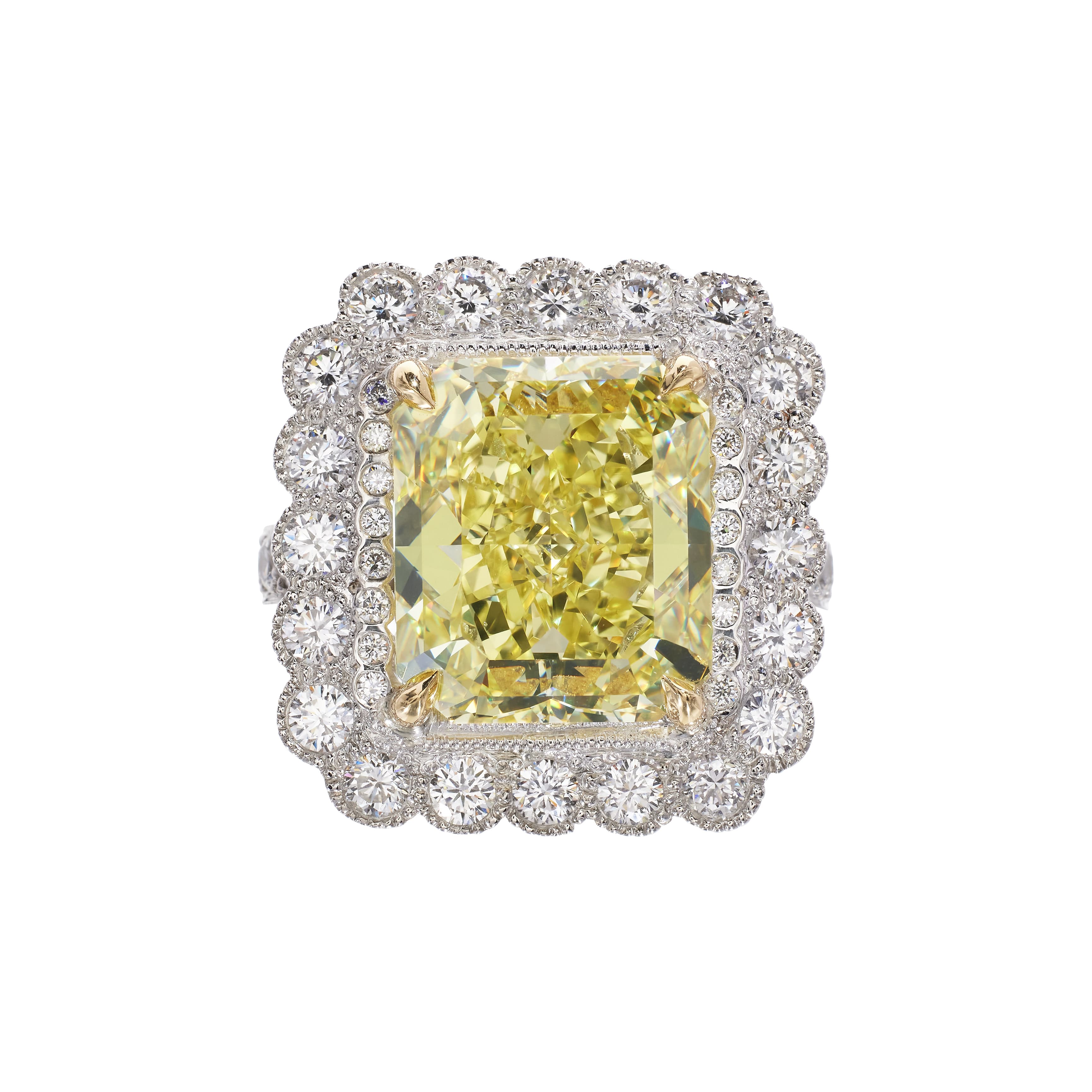 Platinum and 7.58ct Radiant Cut Fancy Intense Yellow Diamond Engagement Ring