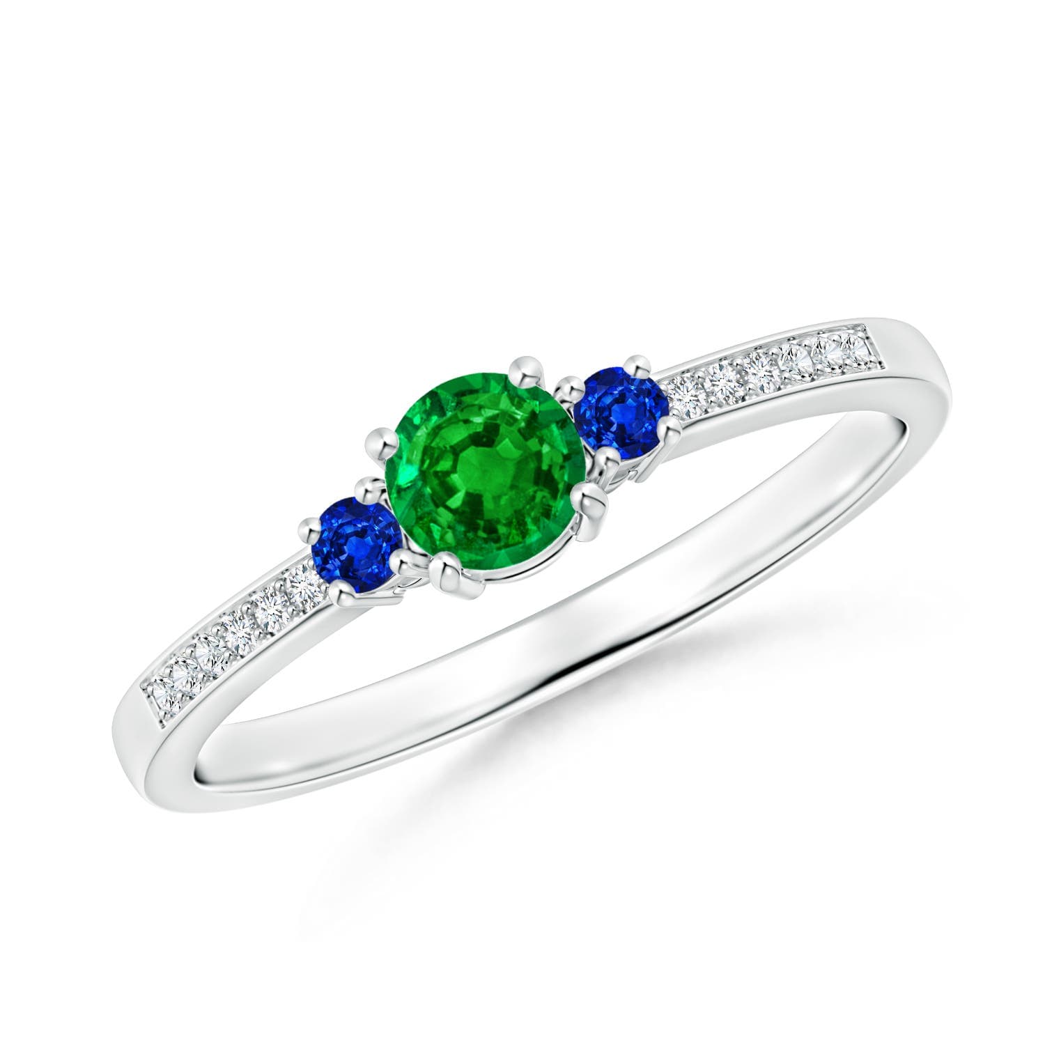 Classic Three Stone Round Emerald and Blue Sapphire Engagement Ring